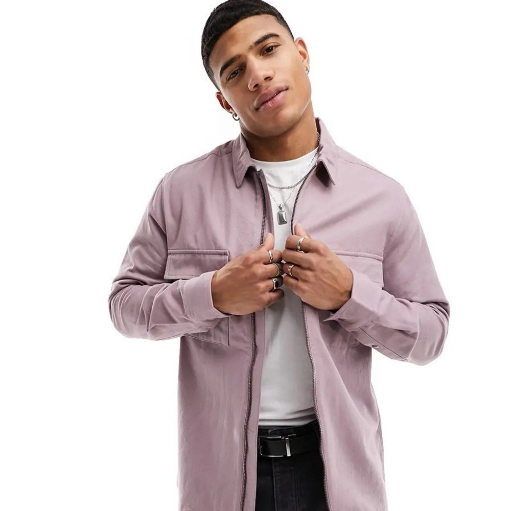ASOS DESIGN twill zip through overshirt in mauve Men's Size 2XS